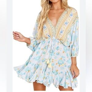 FLORAL PRINT RUFFLE Dolman Sleeve Tie Front Empire Waist Dress Retail $110